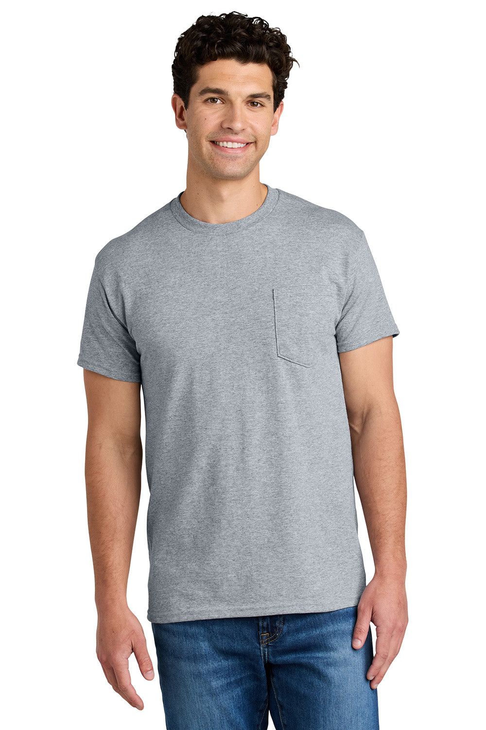 Gildan 8300/G830 Mens DryBlend Moisture Wicking Short Sleeve Crewneck T-Shirt w/ Pocket Sport Grey Model Front