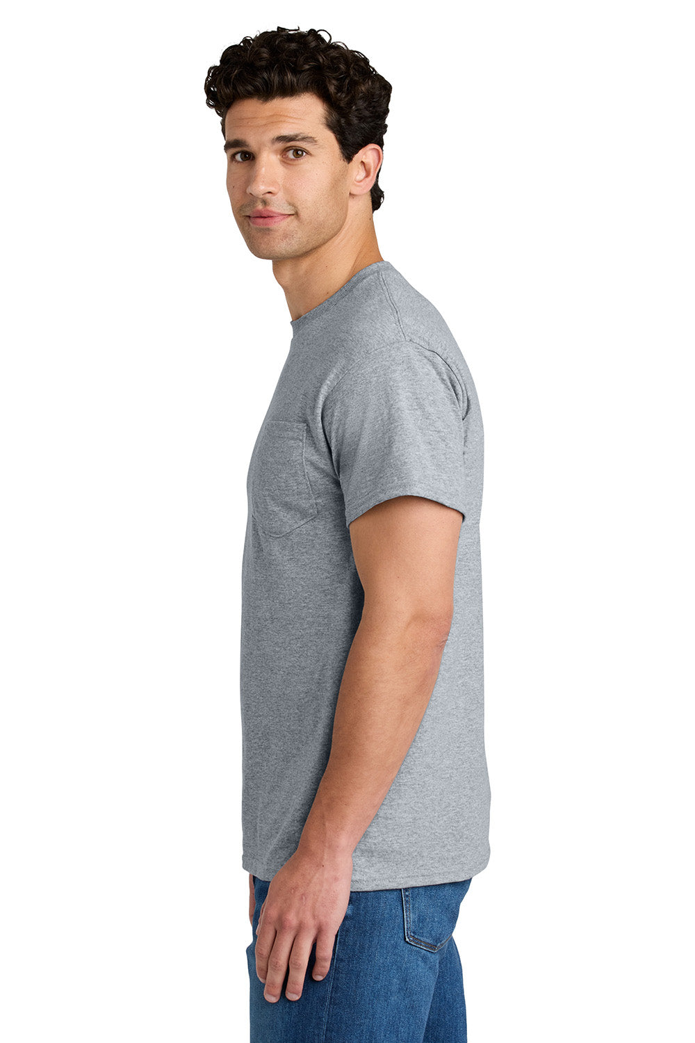 Gildan 8300/G830 Mens DryBlend Moisture Wicking Short Sleeve Crewneck T-Shirt w/ Pocket Sport Grey Model Side