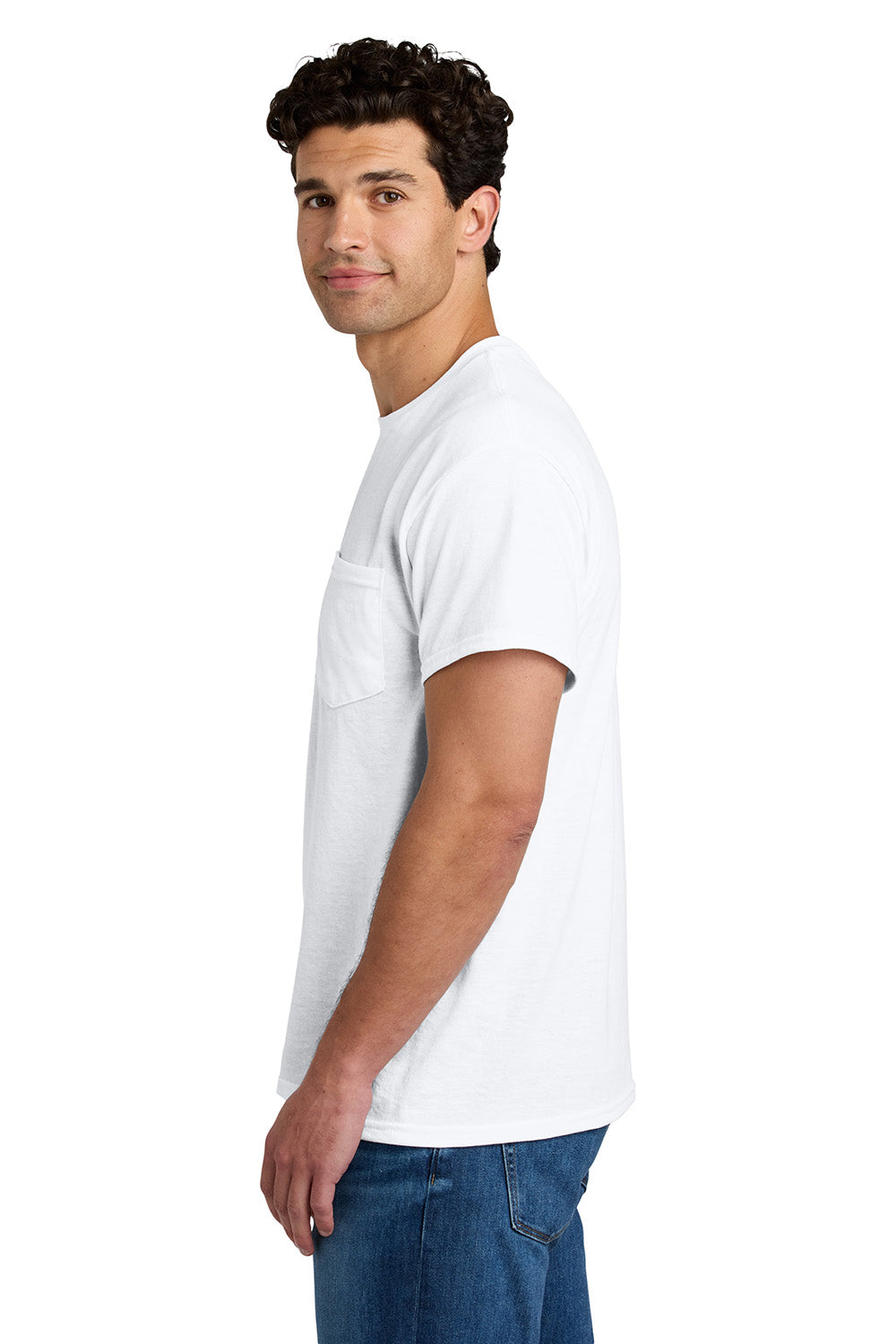 Gildan 8300/G830 Mens DryBlend Moisture Wicking Short Sleeve Crewneck T-Shirt w/ Pocket White Model Side