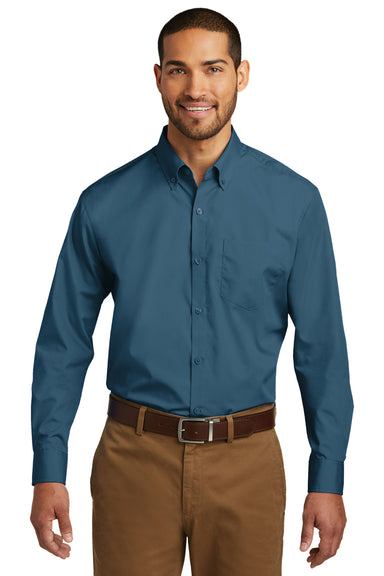 Port Authority W100/TW100 Mens Carefree Stain Resistant Long Sleeve Button Down Shirt w/ Pocket Dusty Blue Model Front