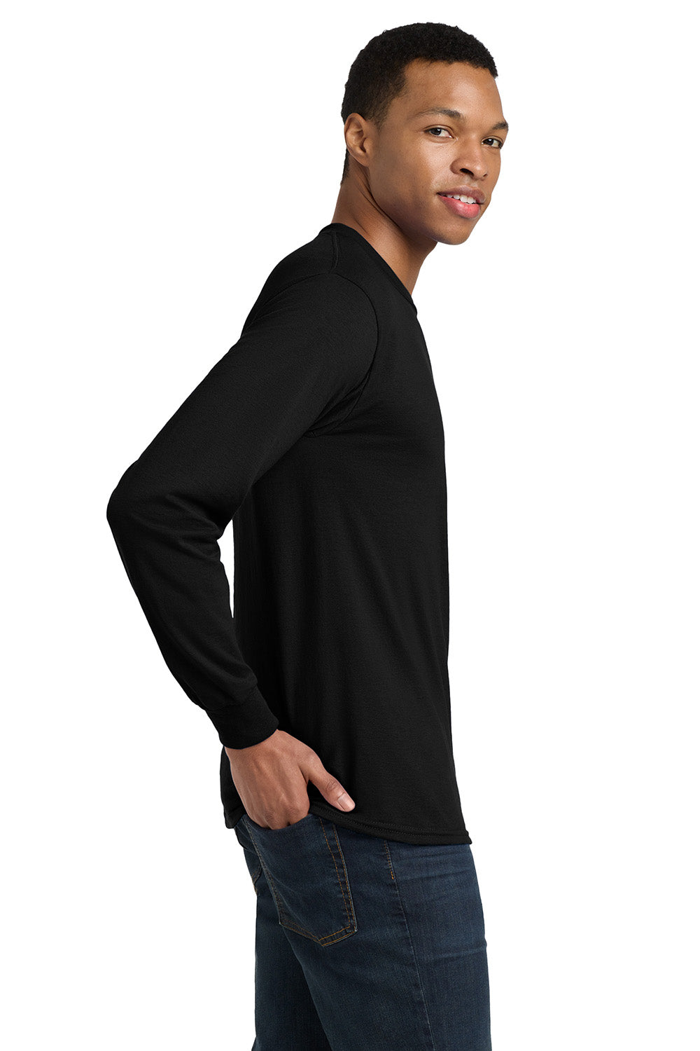 Gildan 8400/G840 Mens DryBlend Moisture Wicking Long Sleeve Crewneck T-Shirt Black Model Side