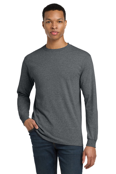 Gildan 8400/G840 Mens DryBlend Moisture Wicking Long Sleeve Crewneck T-Shirt Heather Dark Grey Model Front