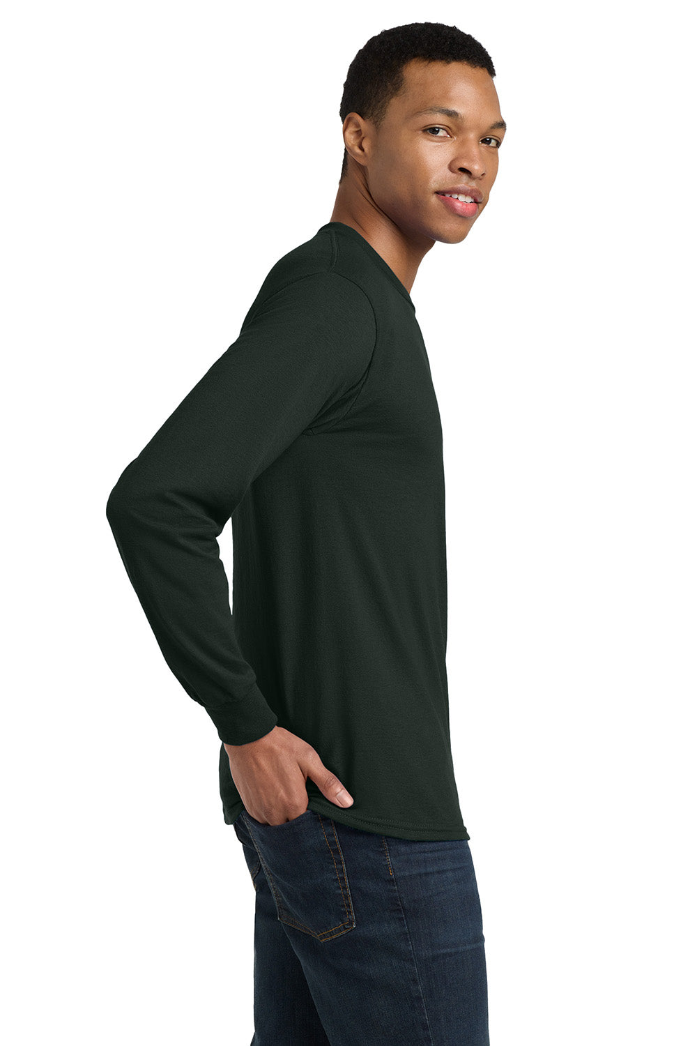 Gildan 8400/G840 Mens DryBlend Moisture Wicking Long Sleeve Crewneck T-Shirt Forest Green Model Side