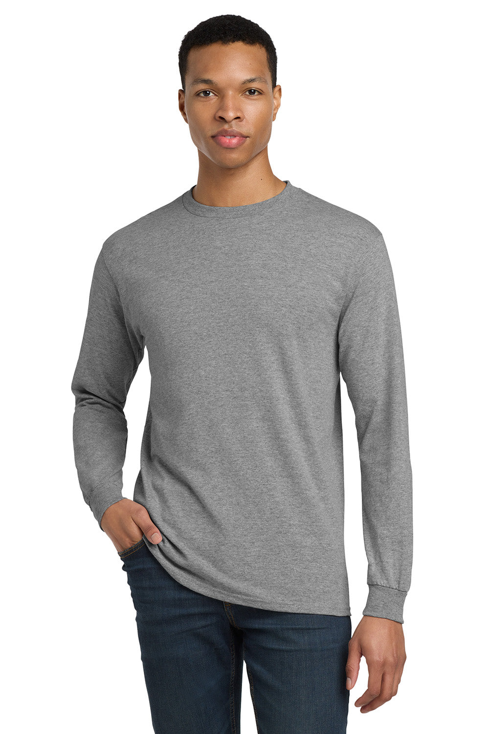 Gildan 8400/G840 Mens DryBlend Moisture Wicking Long Sleeve Crewneck T-Shirt Heather Graphite Grey Model Front