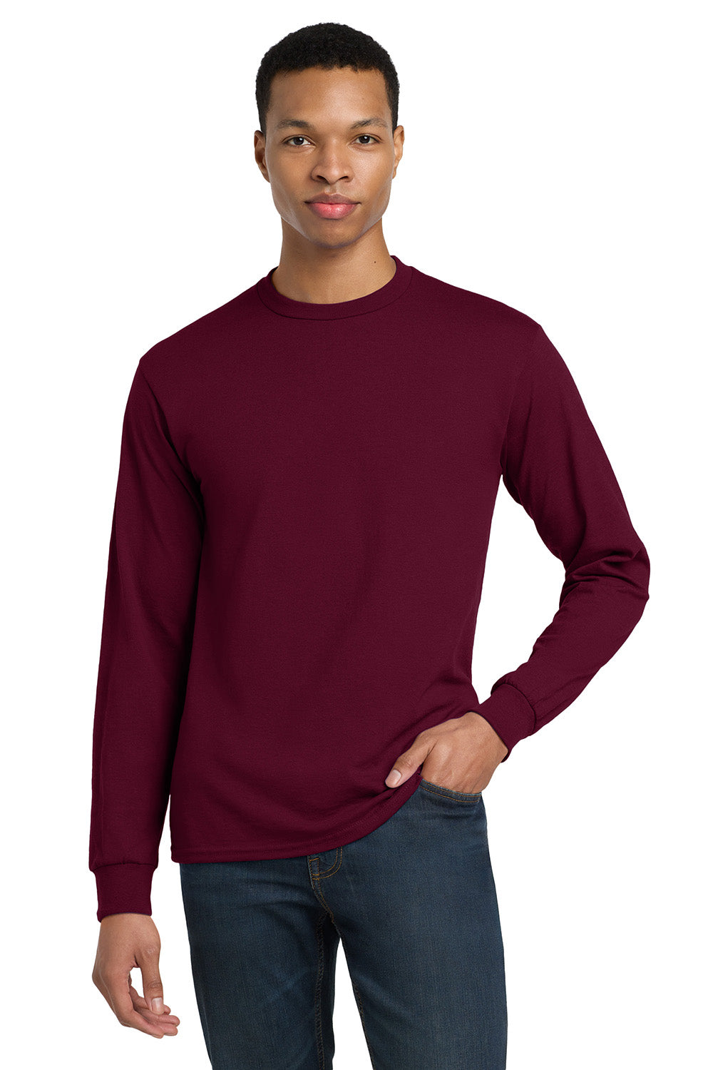 Gildan 8400/G840 Mens DryBlend Moisture Wicking Long Sleeve Crewneck T-Shirt Maroon Model Front