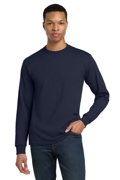 Gildan 8400/G840 Mens DryBlend Moisture Wicking Long Sleeve Crewneck T-Shirt Navy Blue Model Front