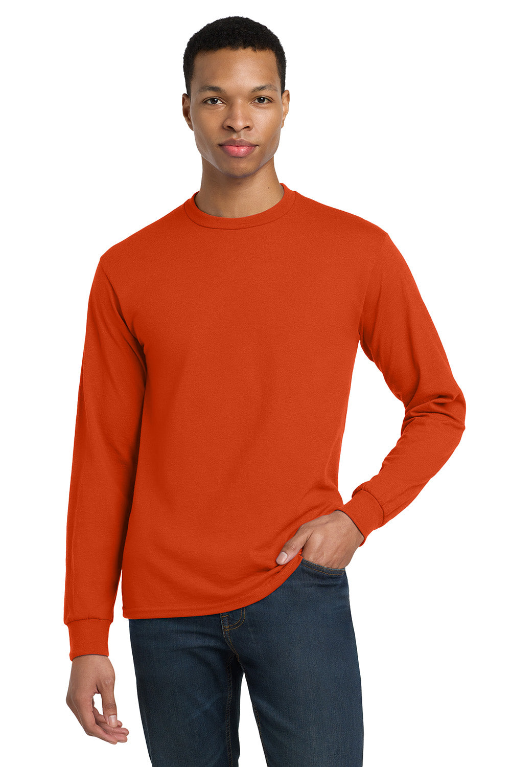 Gildan 8400/G840 Mens DryBlend Moisture Wicking Long Sleeve Crewneck T-Shirt Orange Model Front