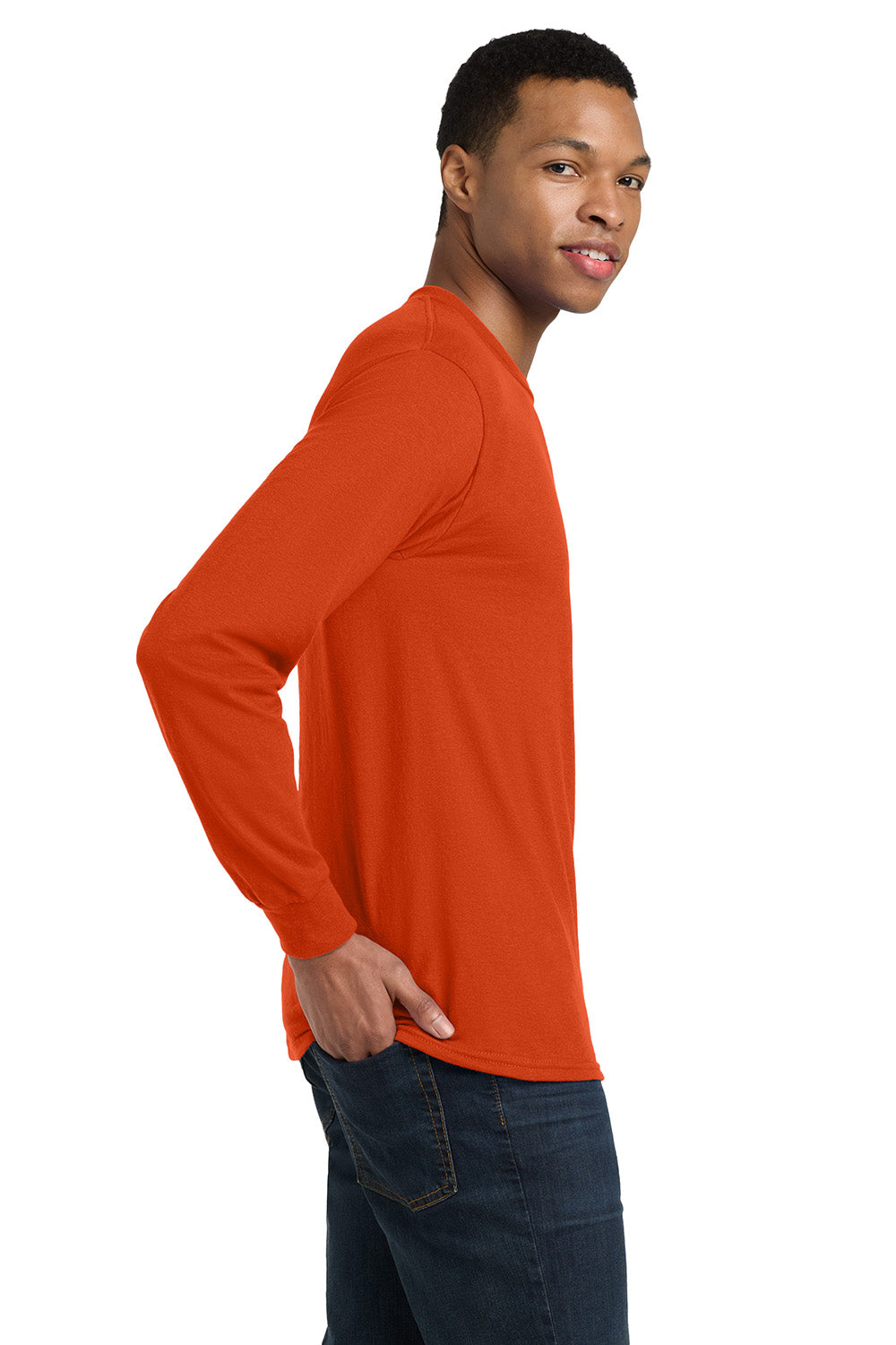 Gildan 8400/G840 Mens DryBlend Moisture Wicking Long Sleeve Crewneck T-Shirt Orange Model Side