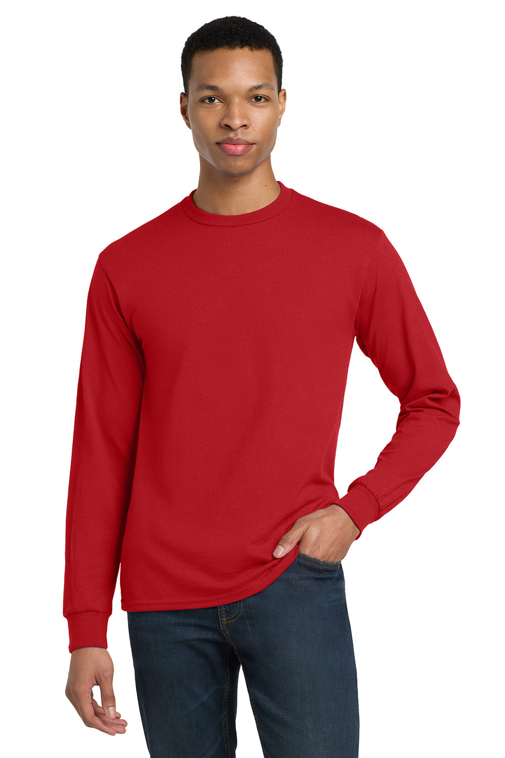 Gildan 8400/G840 Mens DryBlend Moisture Wicking Long Sleeve Crewneck T-Shirt Red Model Front