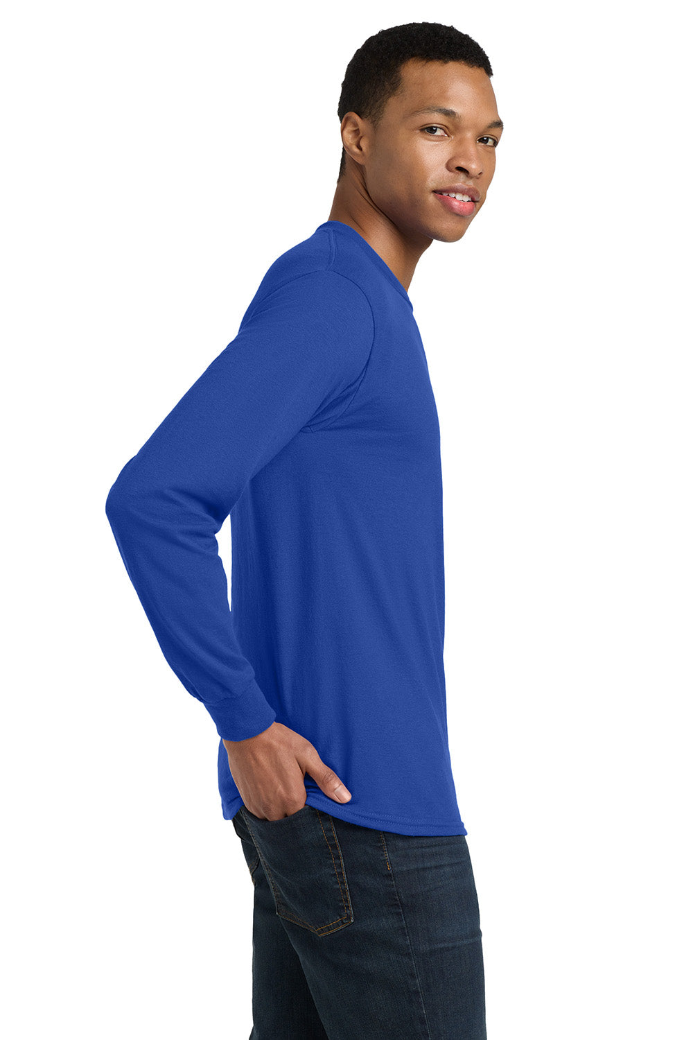 Gildan 8400/G840 Mens DryBlend Moisture Wicking Long Sleeve Crewneck T-Shirt Royal Blue Model Side