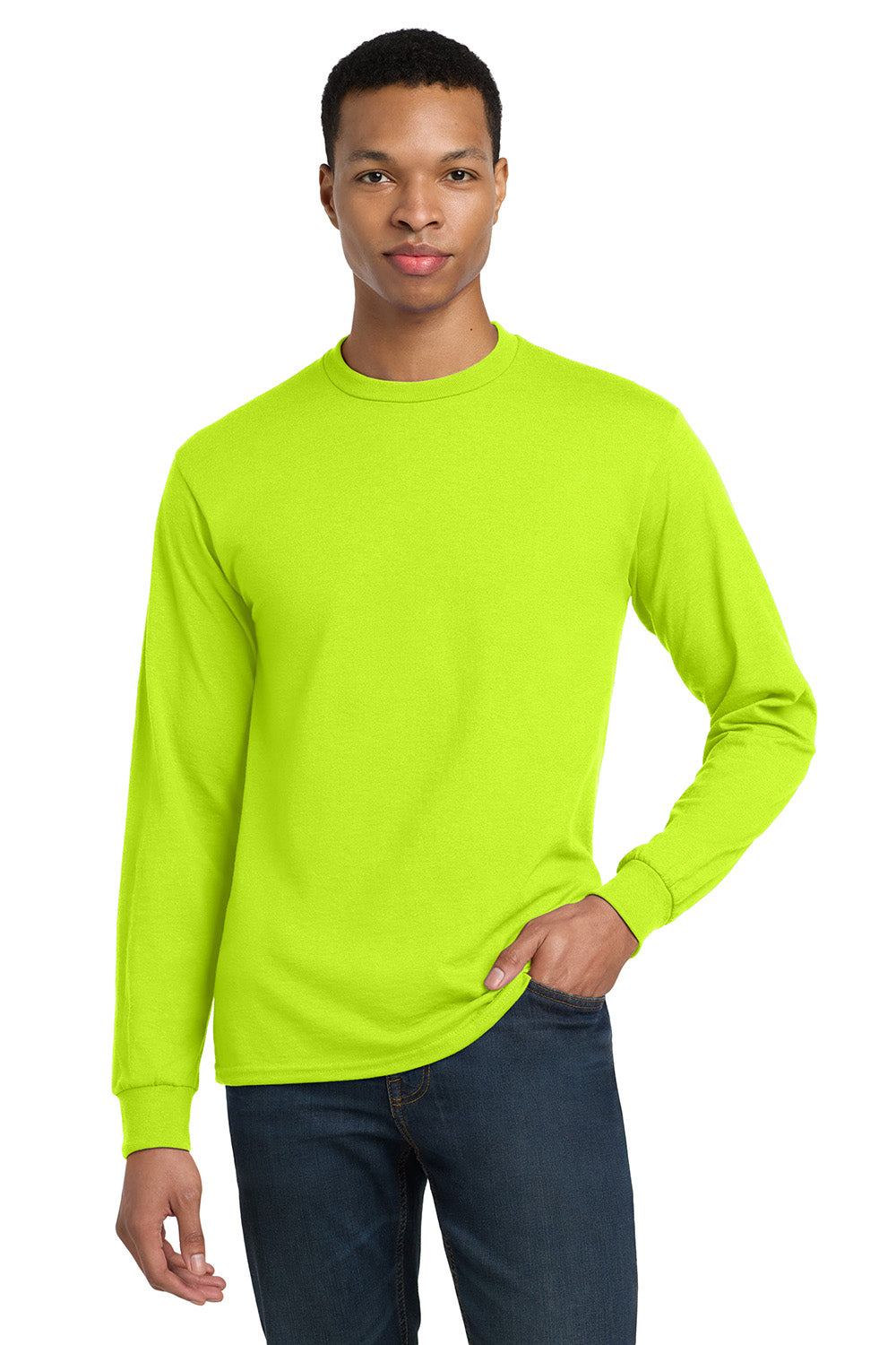 Gildan 8400/G840 Mens DryBlend Moisture Wicking Long Sleeve Crewneck T-Shirt Safety Green Model Front