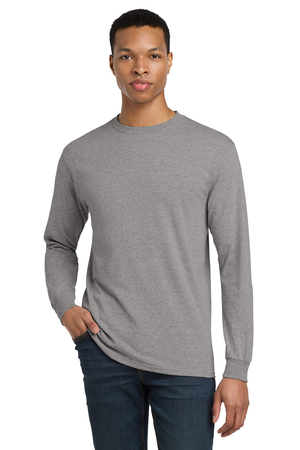 Gildan 8400/G840 Mens DryBlend Moisture Wicking Long Sleeve Crewneck T-Shirt Sport Grey Model Front