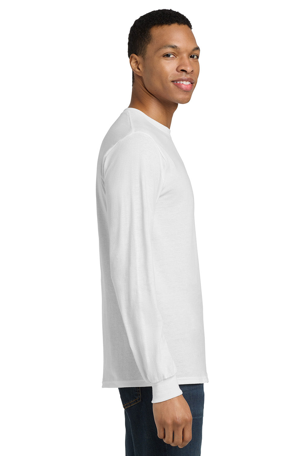 Gildan 8400/G840 Mens DryBlend Moisture Wicking Long Sleeve Crewneck T-Shirt White Model Side