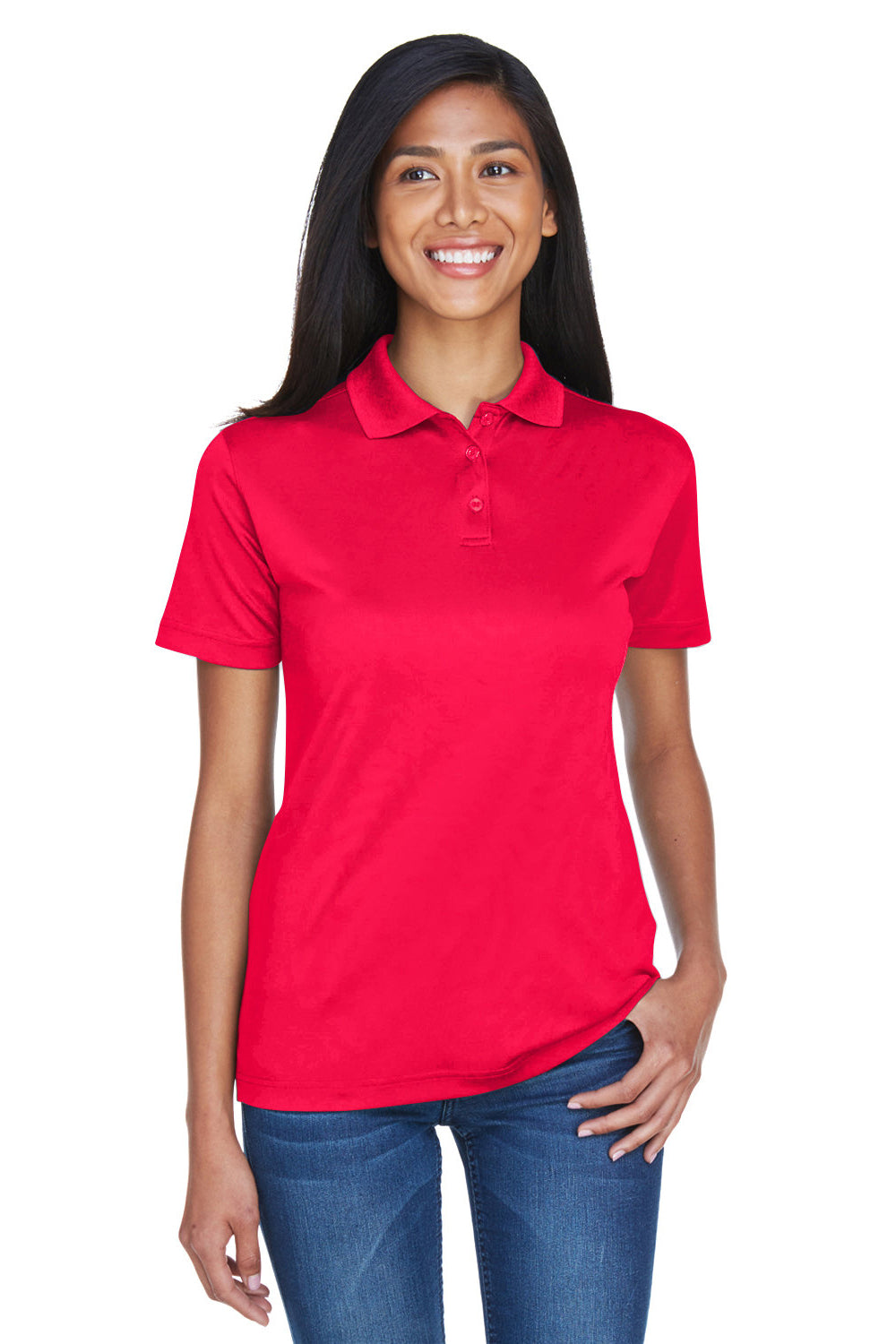 UltraClub 8404 Womens Cool & Dry Moisture Wicking Short Sleeve Polo Shirt Red Model Front