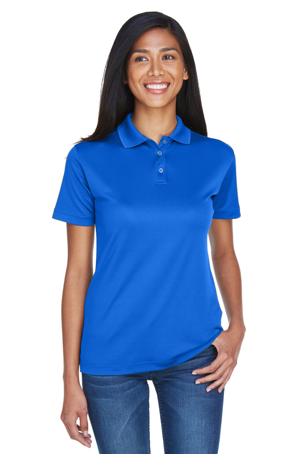 UltraClub 8404 Womens Cool & Dry Moisture Wicking Short Sleeve Polo Shirt Royal Blue Model Front