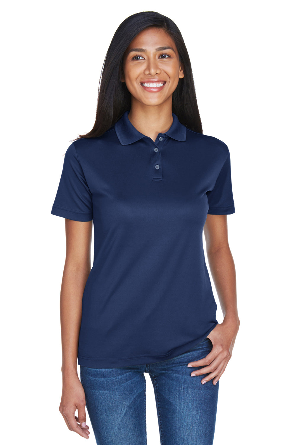 UltraClub 8404 Womens Cool & Dry Moisture Wicking Short Sleeve Polo Shirt Navy Blue Model Front