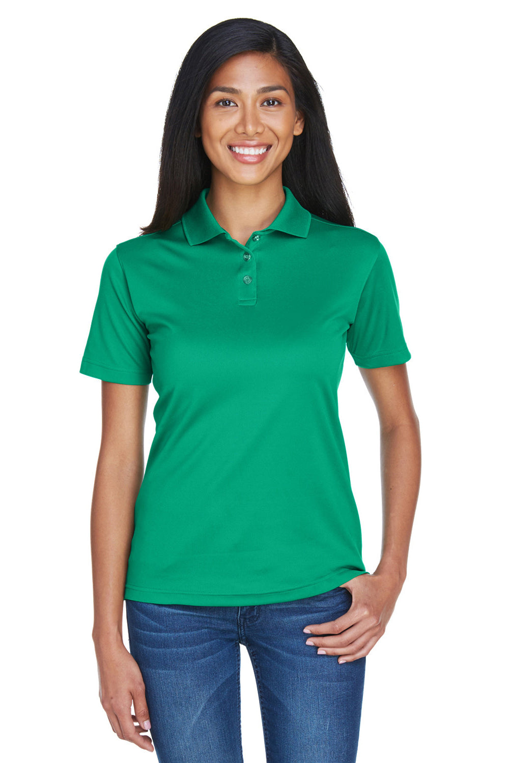 UltraClub 8404 Womens Cool & Dry Moisture Wicking Short Sleeve Polo Shirt Kelly Green Model Front