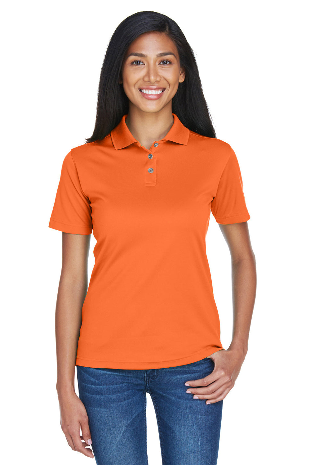 UltraClub 8404 Womens Cool & Dry Moisture Wicking Short Sleeve Polo Shirt Orange Model Front