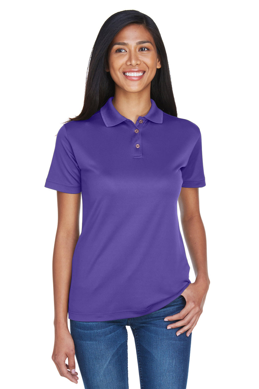 UltraClub 8404 Womens Cool & Dry Moisture Wicking Short Sleeve Polo Shirt Purple Model Front