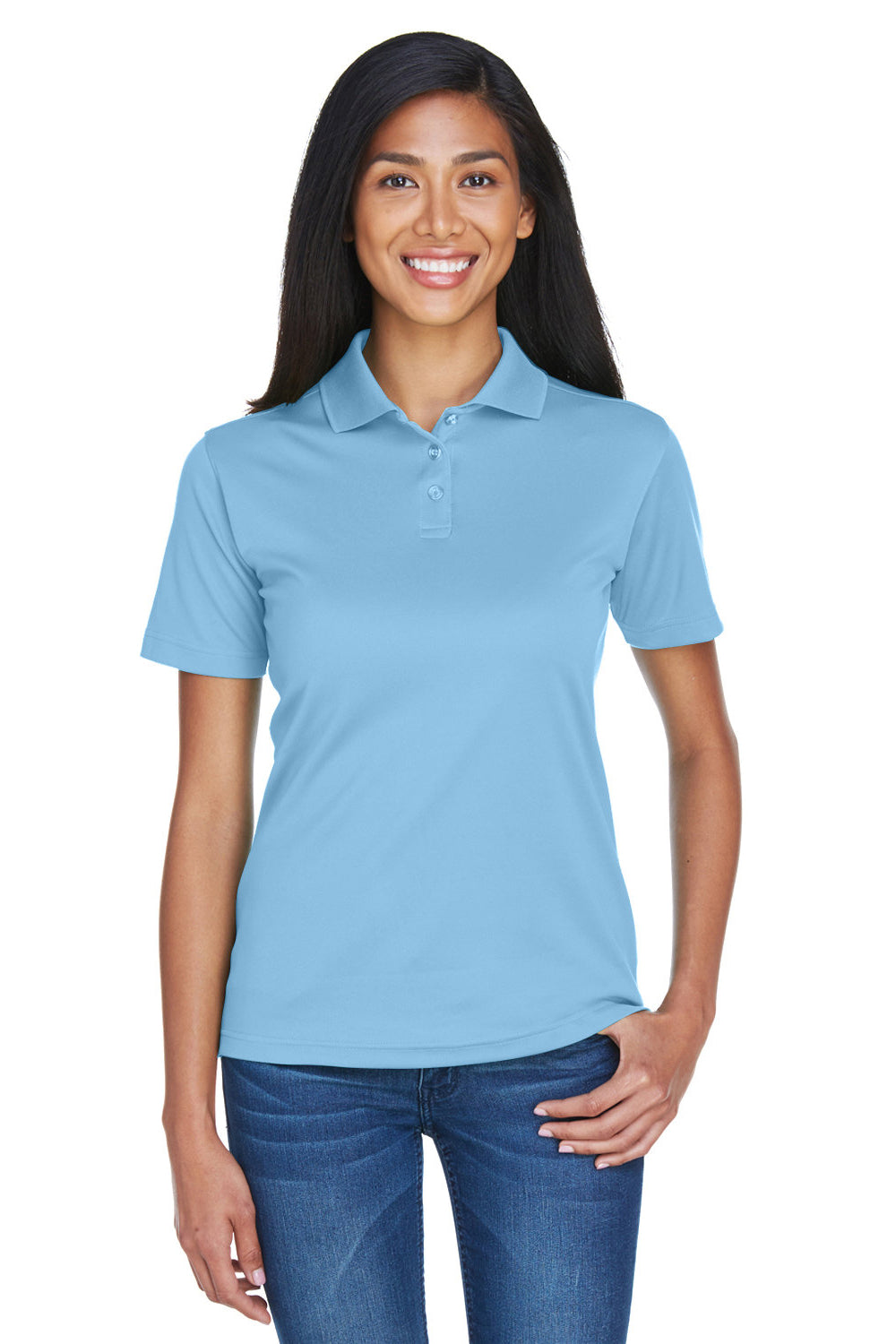 UltraClub 8404 Womens Cool & Dry Moisture Wicking Short Sleeve Polo Shirt Columbia Blue Model Front