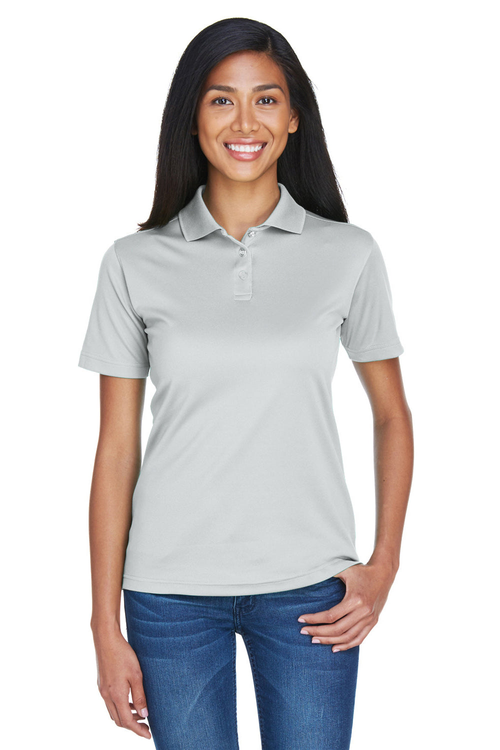 UltraClub 8404 Womens Cool & Dry Moisture Wicking Short Sleeve Polo Shirt Grey Model Front