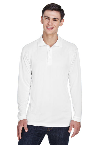 UltraClub 8405LS Mens Cool & Dry Moisture Wicking Long Sleeve Polo Shirt White Model Front