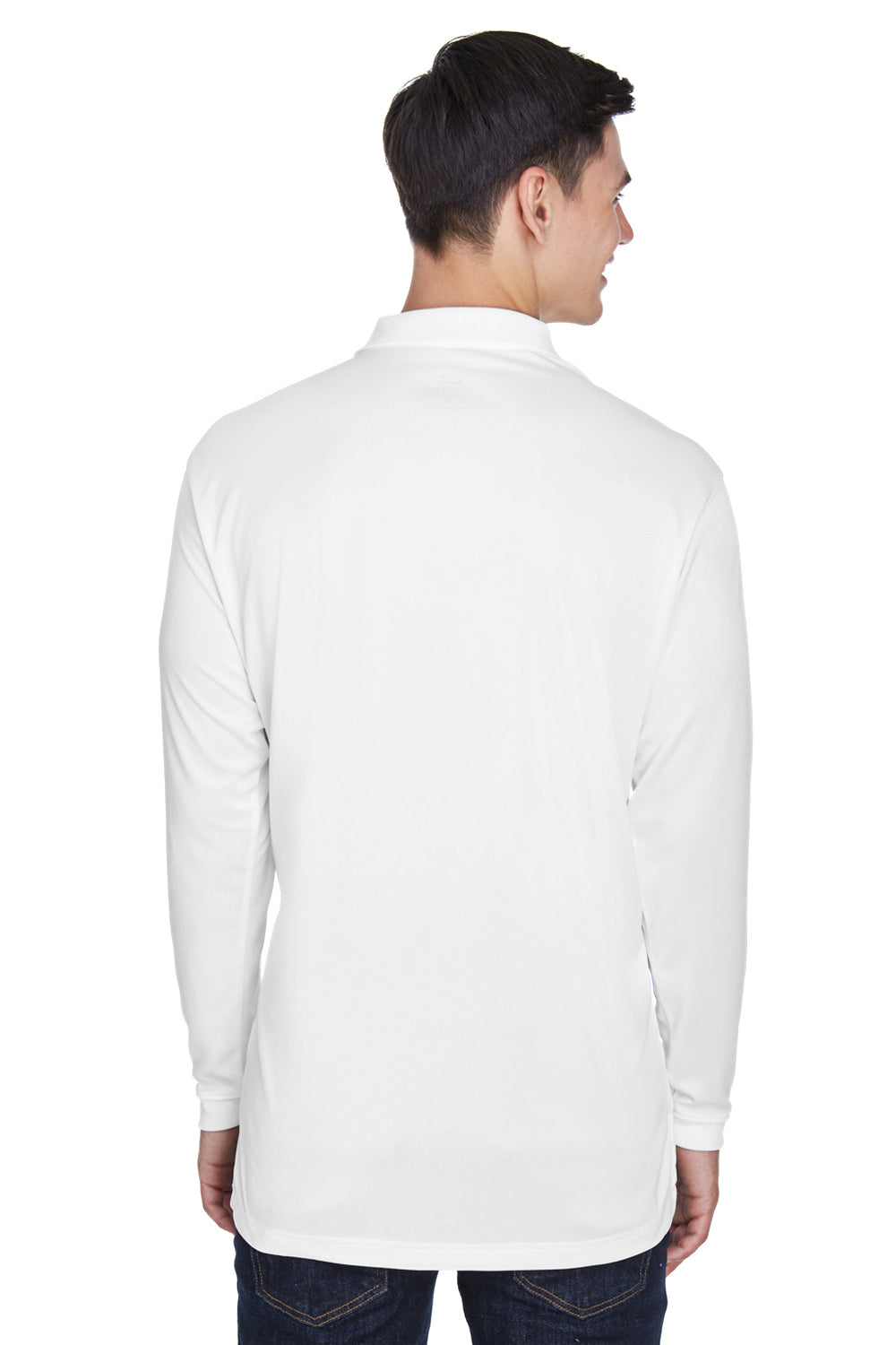 UltraClub 8405LS Mens Cool & Dry Moisture Wicking Long Sleeve Polo Shirt White Model Back