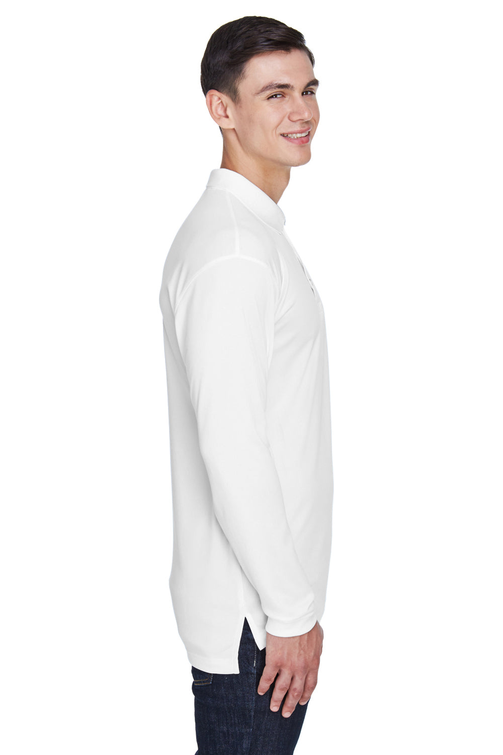 UltraClub 8405LS Mens Cool & Dry Moisture Wicking Long Sleeve Polo Shirt White Model Side