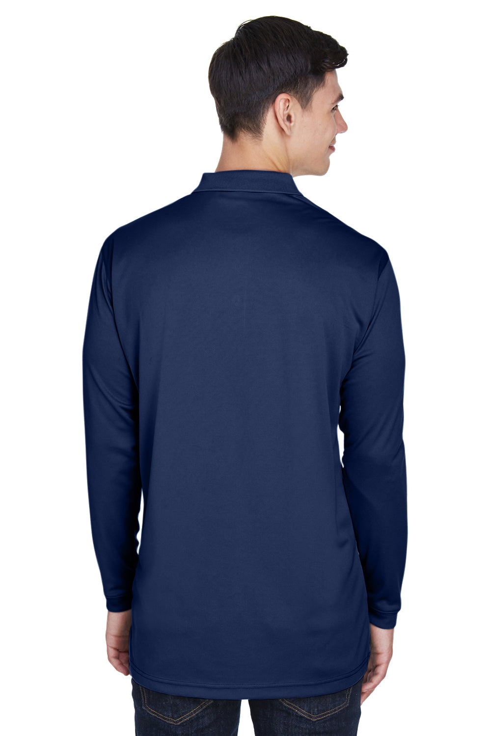 UltraClub 8405LS Mens Cool & Dry Moisture Wicking Long Sleeve Polo Shirt Navy Blue Model Back