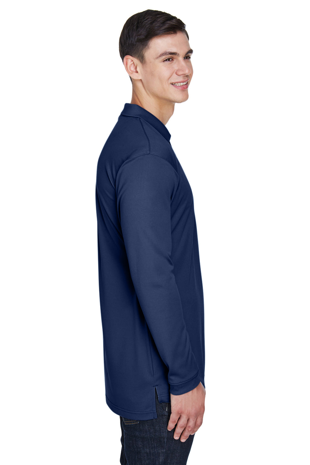 UltraClub 8405LS Mens Cool & Dry Moisture Wicking Long Sleeve Polo Shirt Navy Blue Model Side