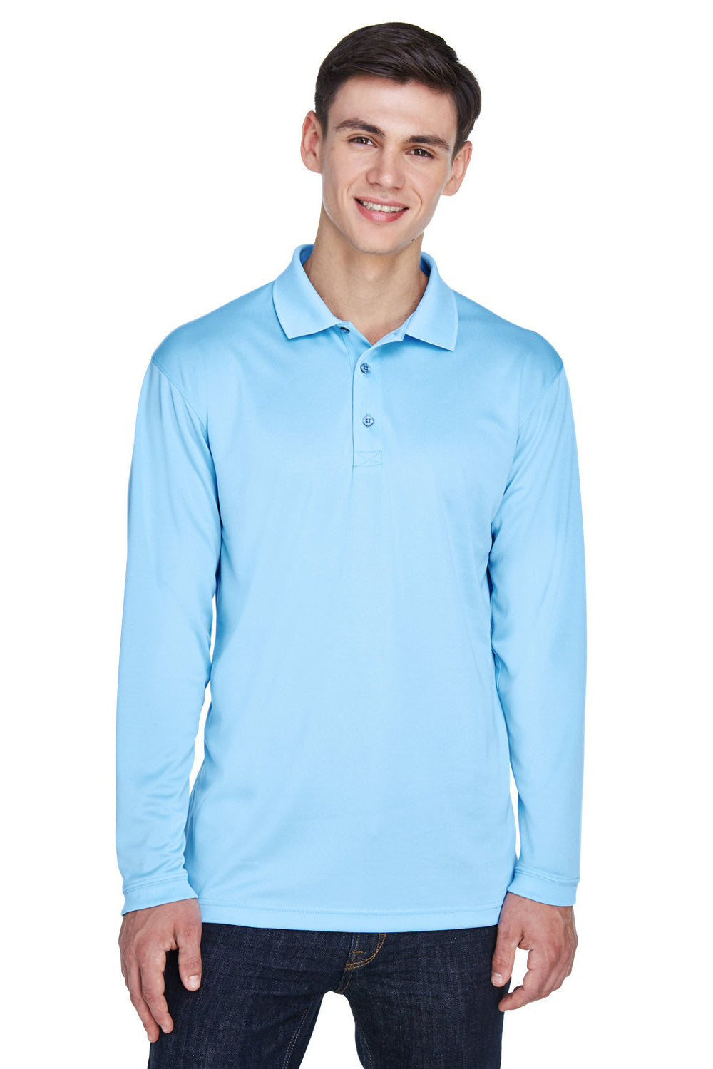 UltraClub 8405LS Mens Cool & Dry Moisture Wicking Long Sleeve Polo Shirt Columbia Blue Model Front