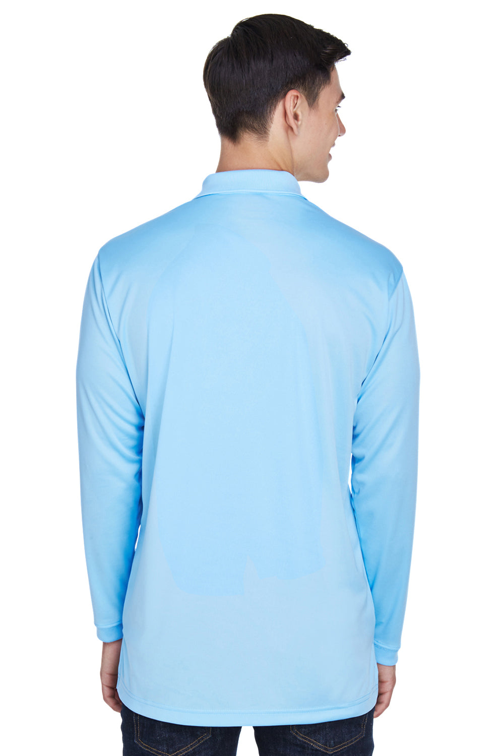 UltraClub 8405LS Mens Cool & Dry Moisture Wicking Long Sleeve Polo Shirt Columbia Blue Model Back