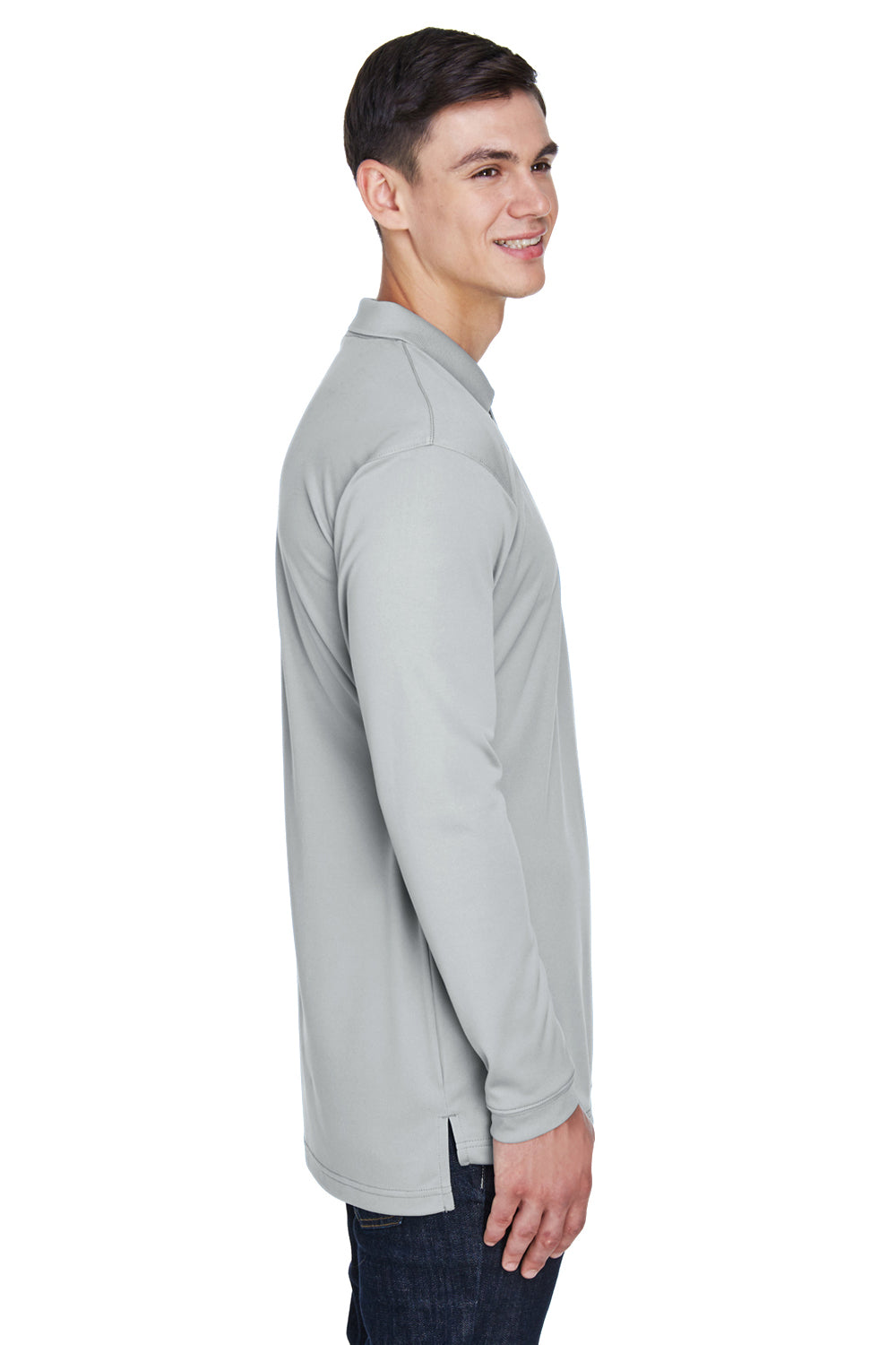 UltraClub 8405LS Mens Cool & Dry Moisture Wicking Long Sleeve Polo Shirt Grey Model Side