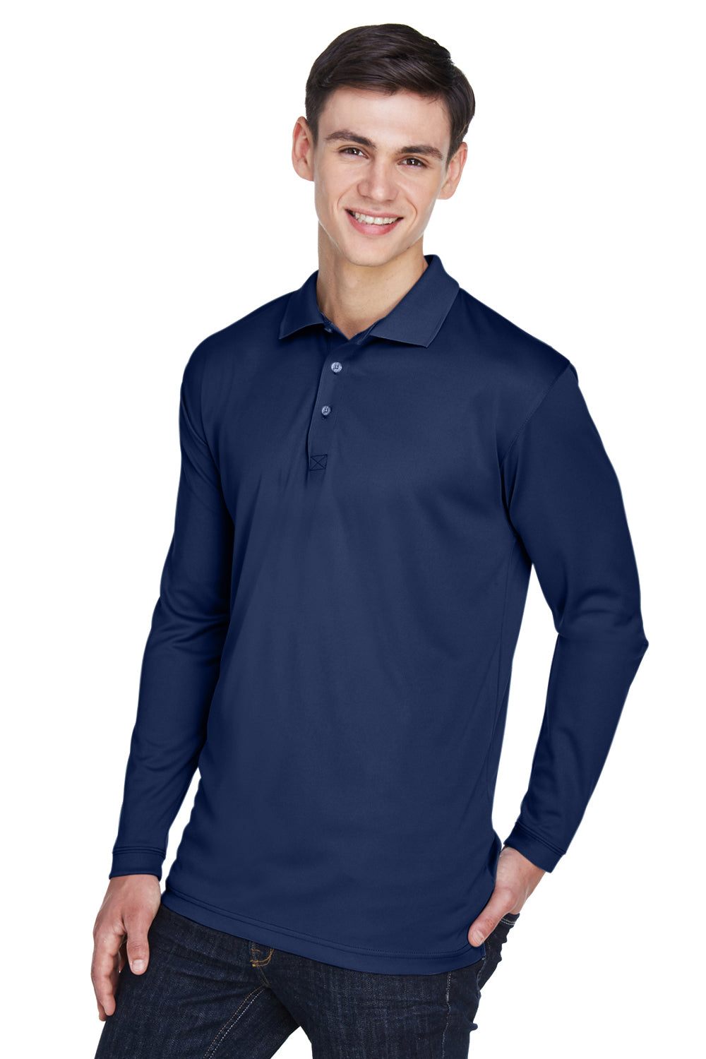 UltraClub 8405LS Mens Cool & Dry Moisture Wicking Long Sleeve Polo Shirt Navy Blue Model 3q