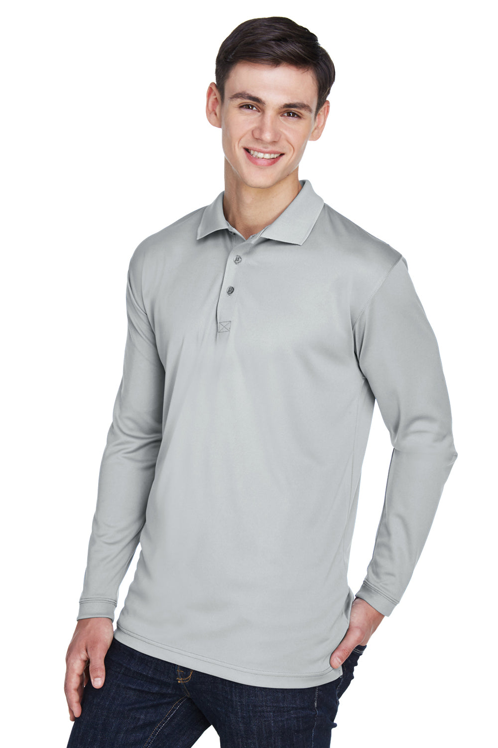 UltraClub 8405LS Mens Cool & Dry Moisture Wicking Long Sleeve Polo Shirt Grey Model 3q