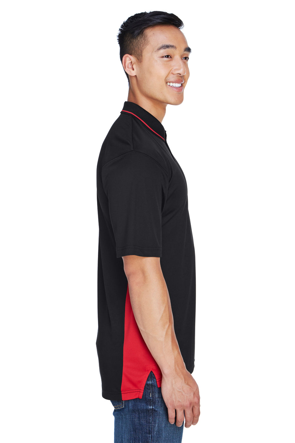 UltraClub 8406 Mens Cool & Dry Moisture Wicking Short Sleeve Polo Shirt Black/Red Model Side