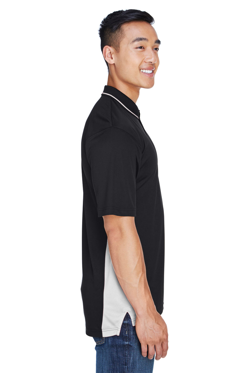 UltraClub 8406 Mens Cool & Dry Moisture Wicking Short Sleeve Polo Shirt Black/Stone Model Side