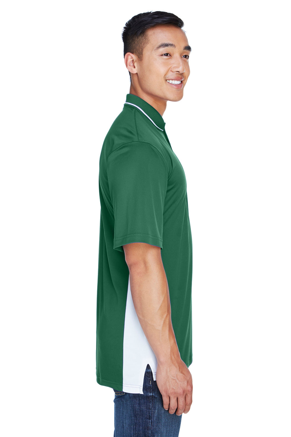 UltraClub 8406 Mens Cool & Dry Moisture Wicking Short Sleeve Polo Shirt Forest Green/White Model Side