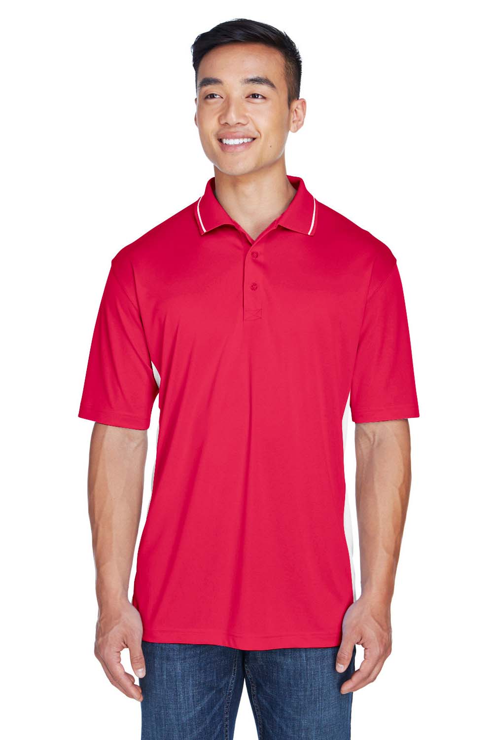 UltraClub 8406 Mens Cool & Dry Moisture Wicking Short Sleeve Polo Shirt Red/White Model Front