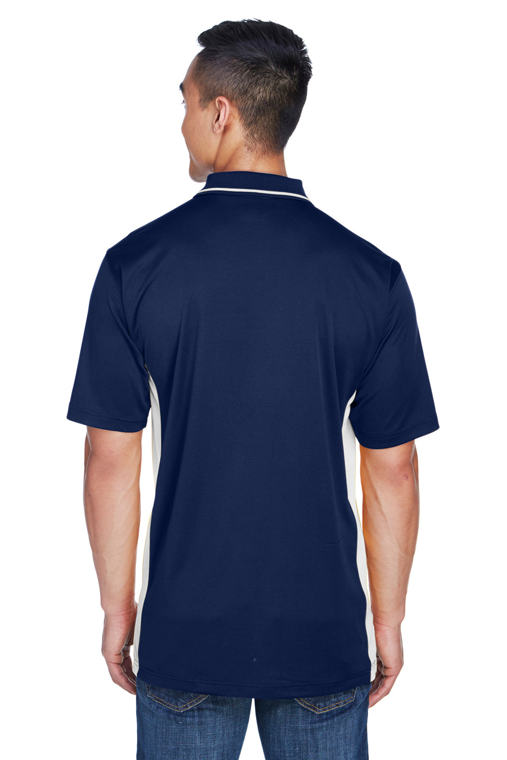 UltraClub 8406 Mens Cool & Dry Moisture Wicking Short Sleeve Polo Shirt Navy Blue/White Model Back