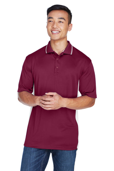 UltraClub 8406 Mens Cool & Dry Moisture Wicking Short Sleeve Polo Shirt Maroon/White Model Front