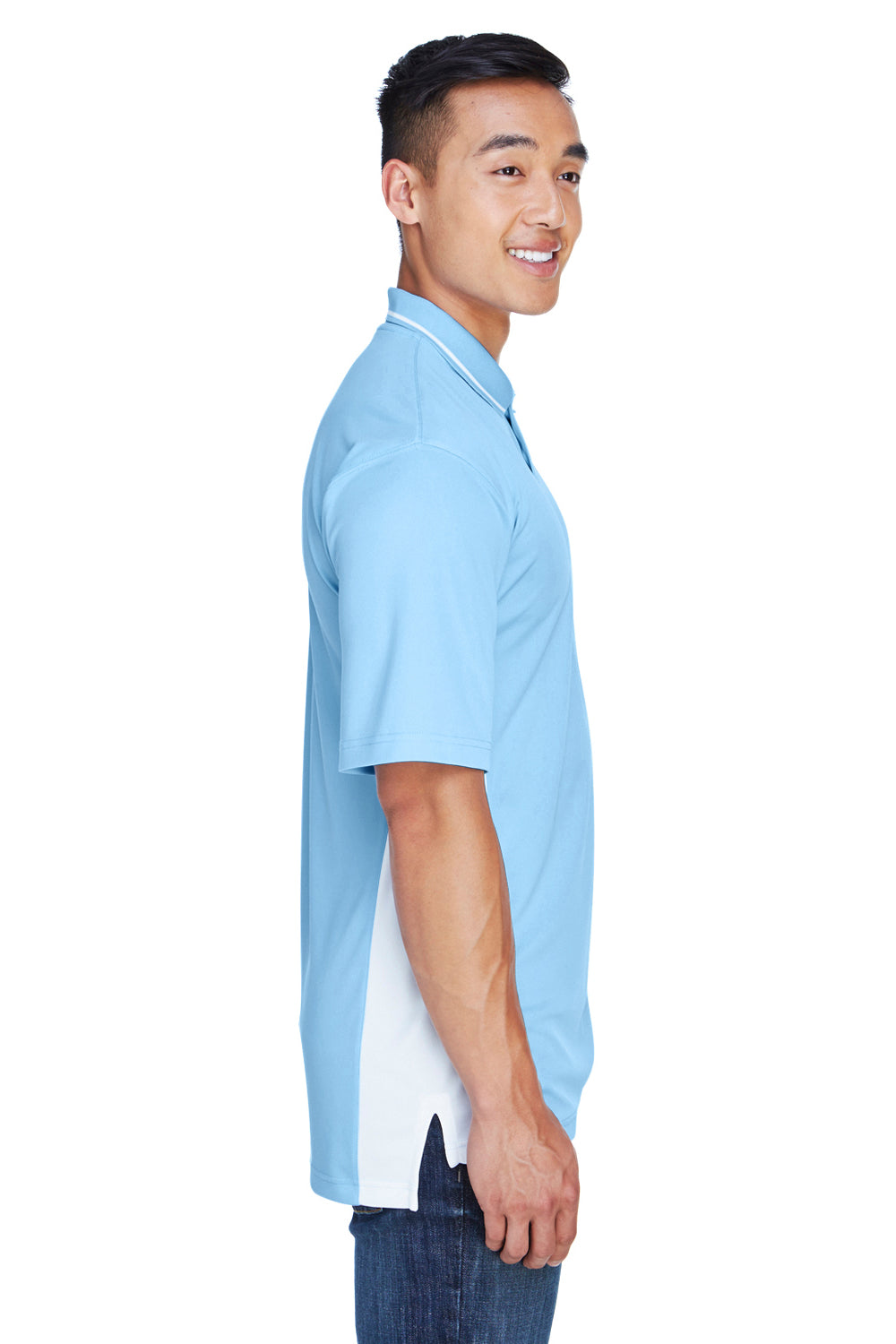 UltraClub 8406 Mens Cool & Dry Moisture Wicking Short Sleeve Polo Shirt Columbia Blue/White Model Side