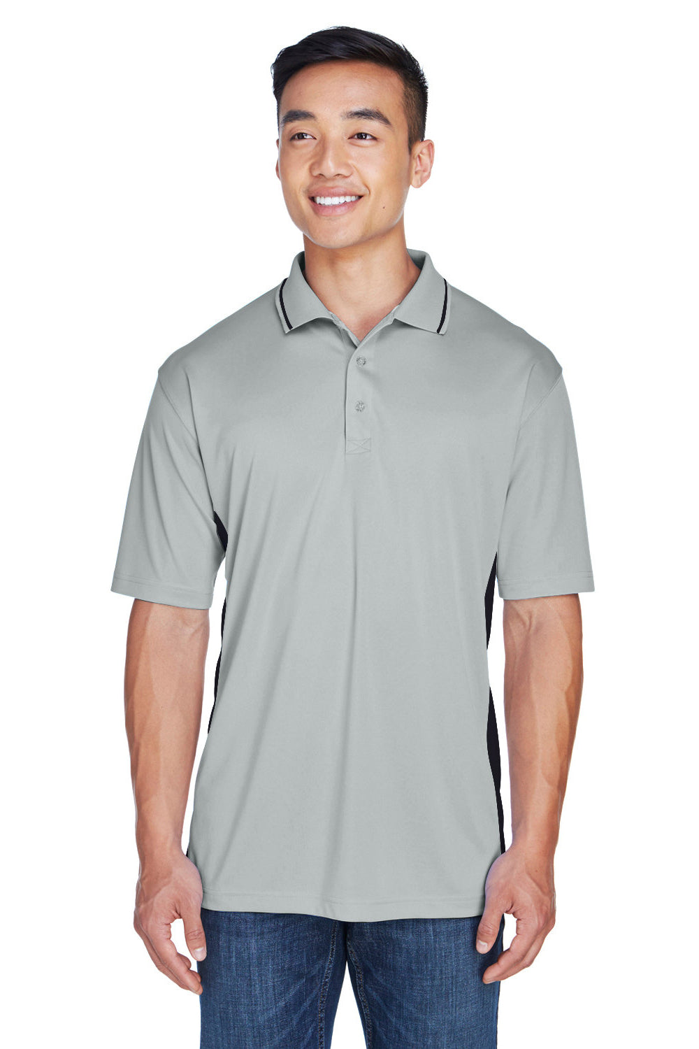 UltraClub 8406 Mens Cool & Dry Moisture Wicking Short Sleeve Polo Shirt Grey/Black Model Front