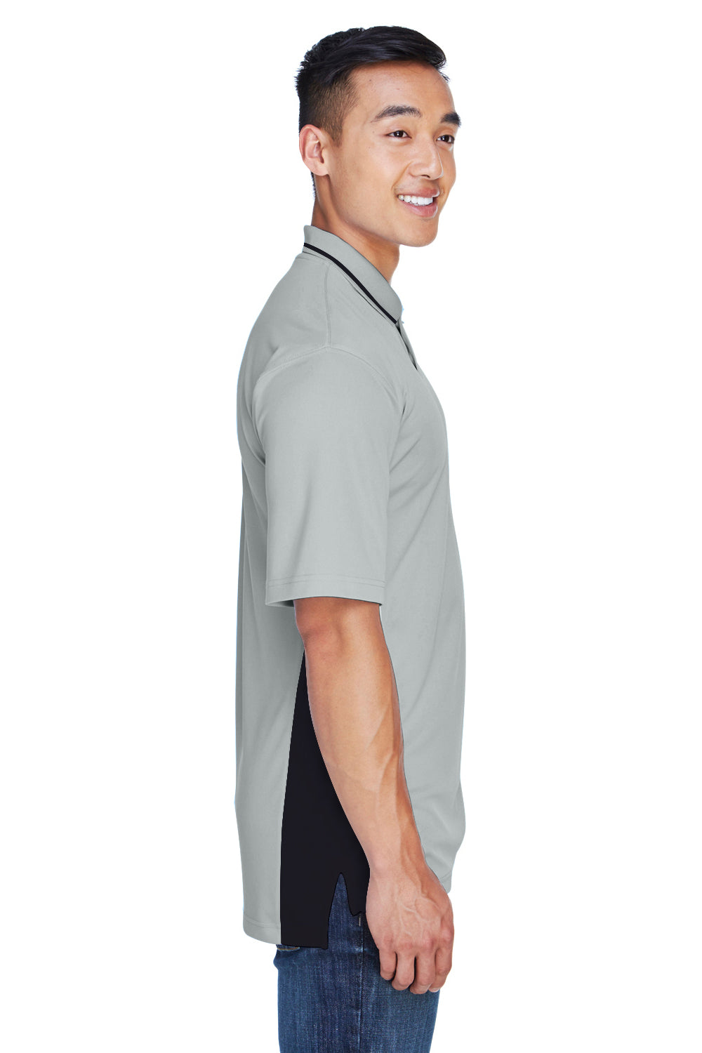 UltraClub 8406 Mens Cool & Dry Moisture Wicking Short Sleeve Polo Shirt Grey/Black Model Side