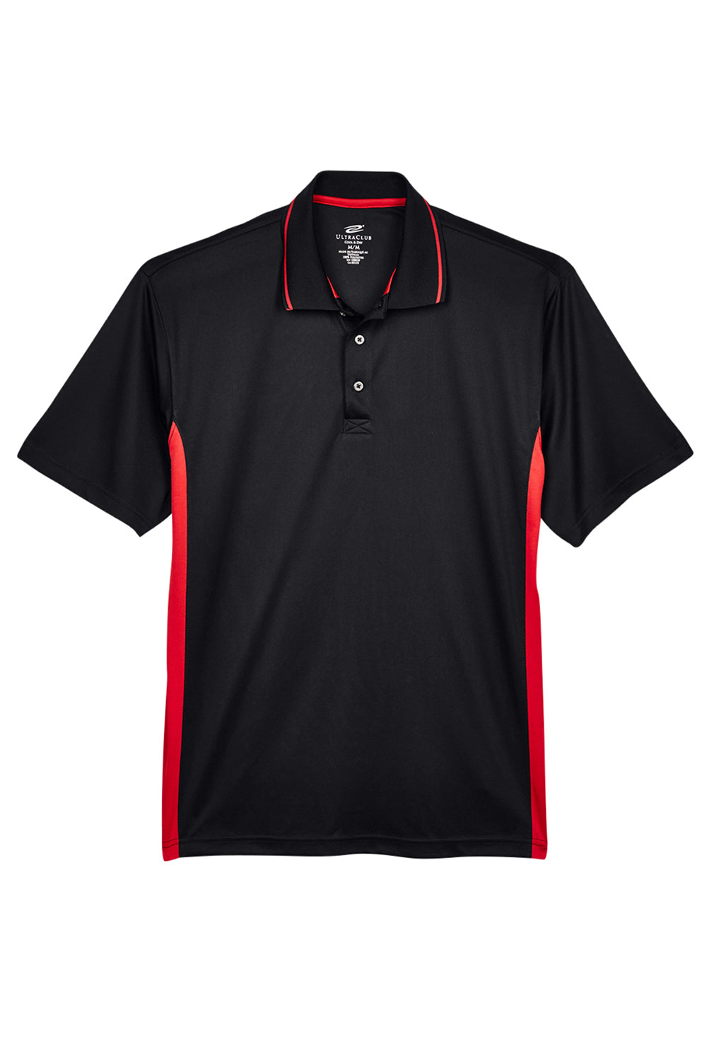 UltraClub 8406 Mens Cool & Dry Moisture Wicking Short Sleeve Polo Shirt Black/Red Flat Front