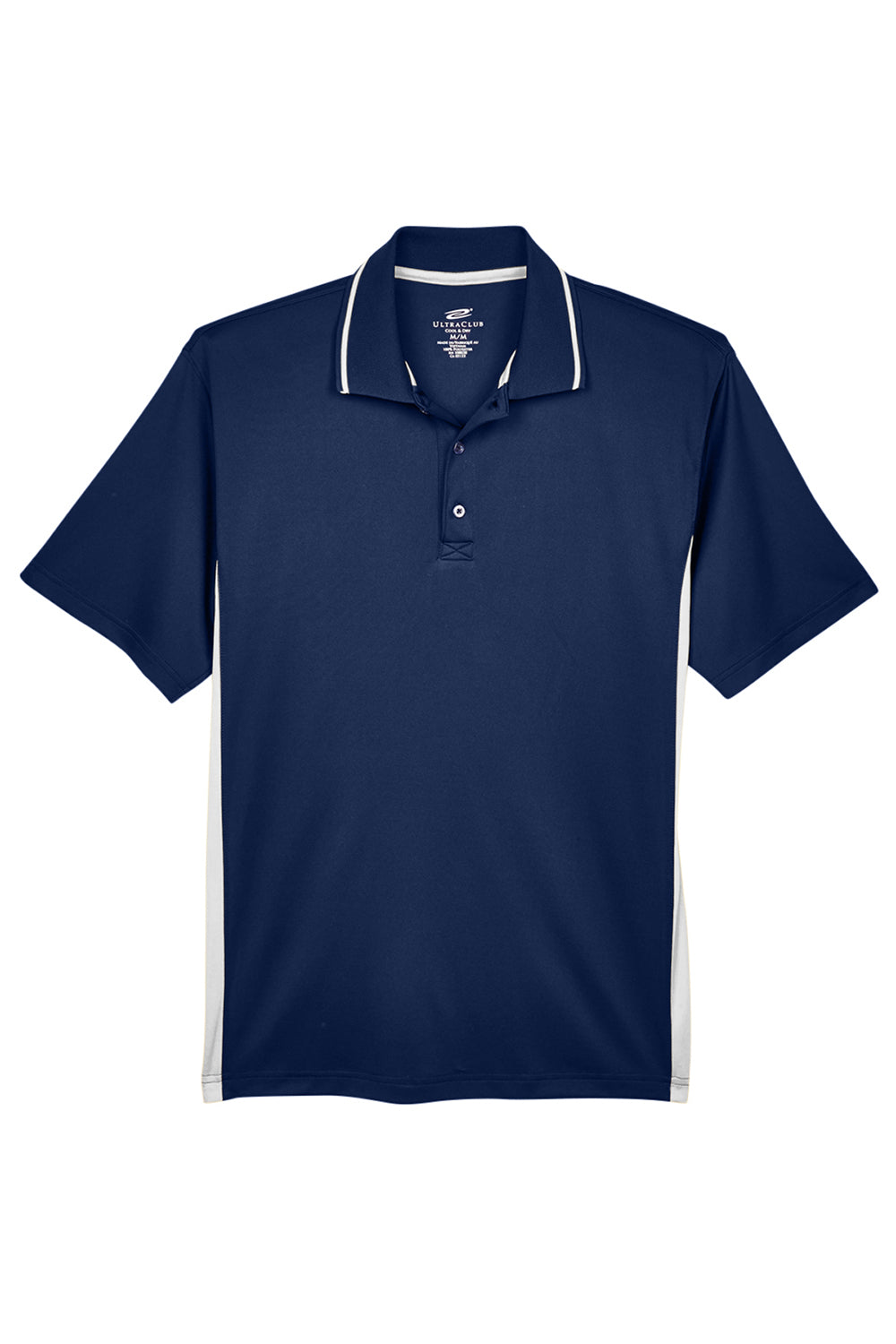 UltraClub 8406 Mens Cool & Dry Moisture Wicking Short Sleeve Polo Shirt Navy Blue/White Flat Front