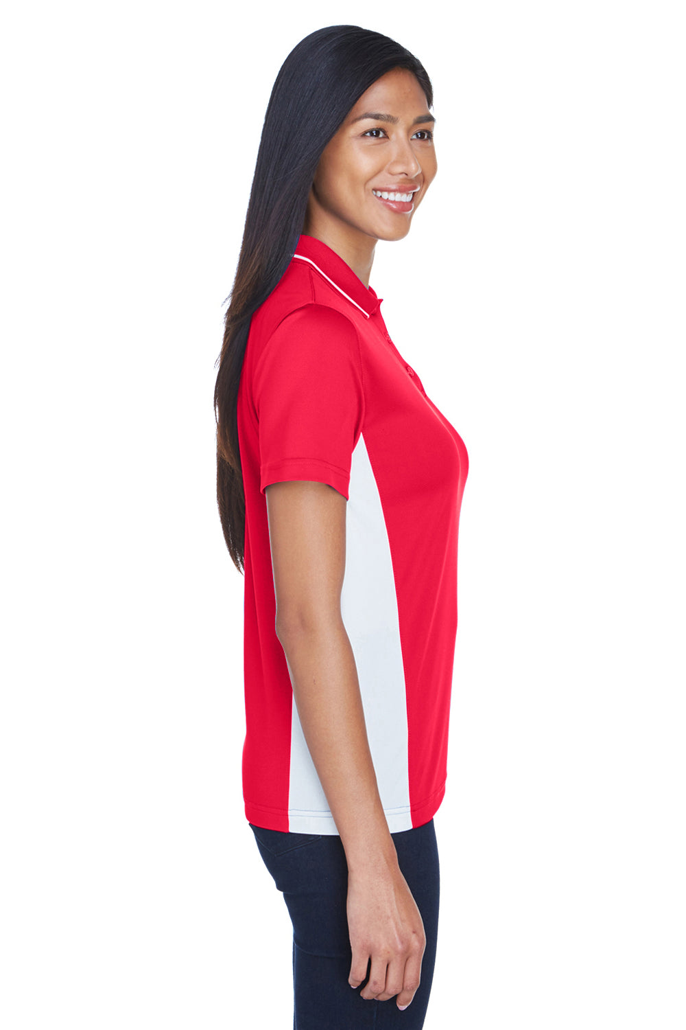 UltraClub 8406L Womens Cool & Dry Moisture Wicking Short Sleeve Polo Shirt Red/White Model Side