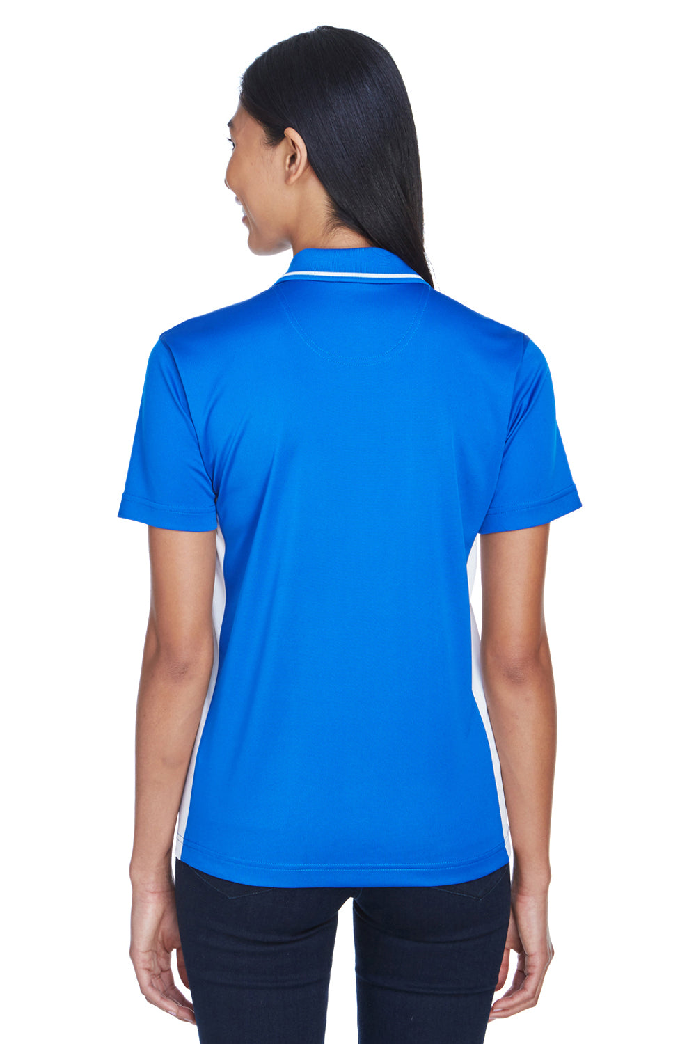 UltraClub 8406L Womens Cool & Dry Moisture Wicking Short Sleeve Polo Shirt Royal Blue/White Model Back