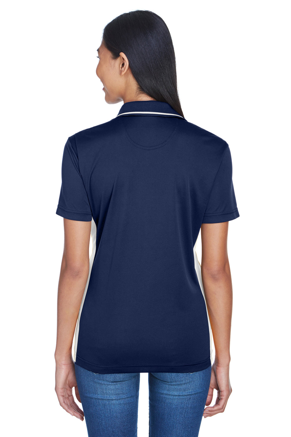 UltraClub 8406L Womens Cool & Dry Moisture Wicking Short Sleeve Polo Shirt Navy Blue/White Model Back