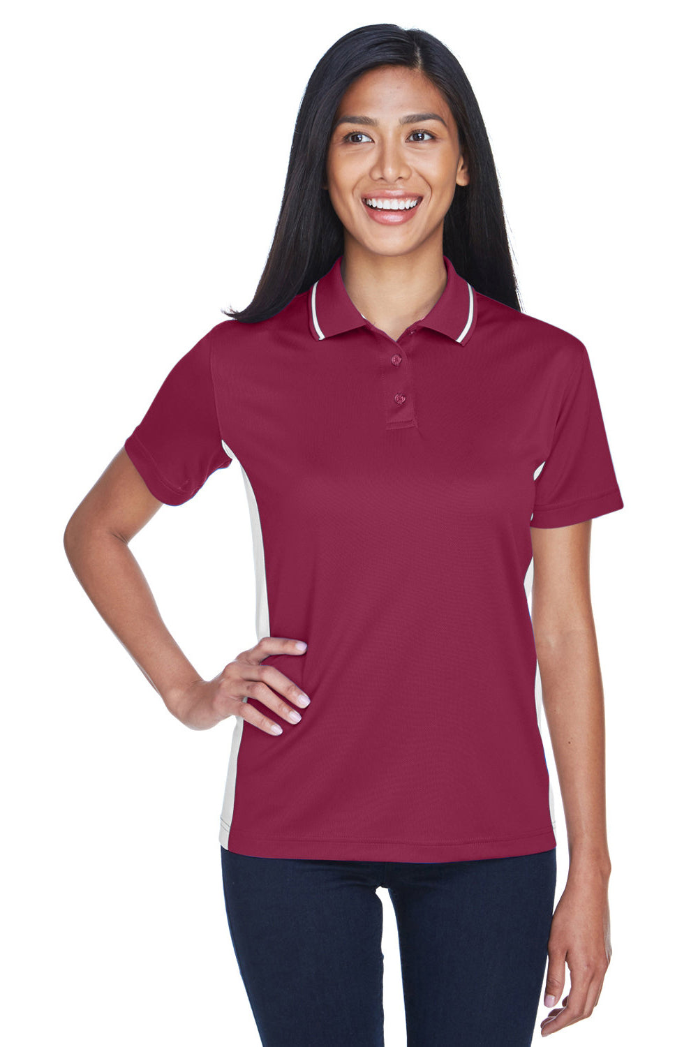 UltraClub 8406L Womens Cool & Dry Moisture Wicking Short Sleeve Polo Shirt Maroon/White Model Front